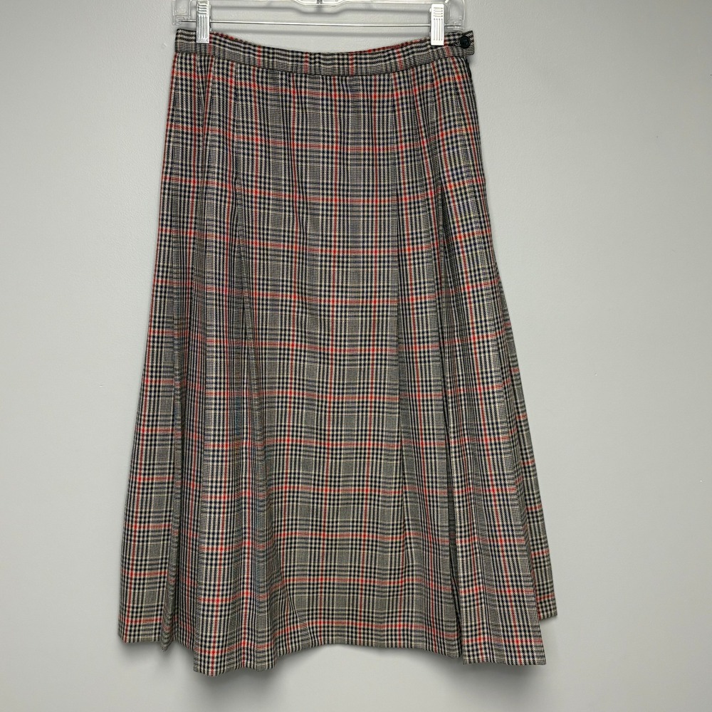 VTG Pendleton 100% New Wool 90s Academia Grey Red Blue Pleated Midi Skirt Sz 12P